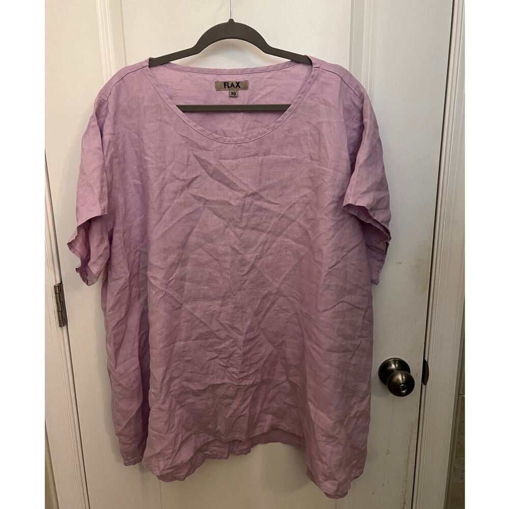 FLAX Linen Shirt Women's 3G Purple Short Sleeve Lagenlook Boho Granola Coastal